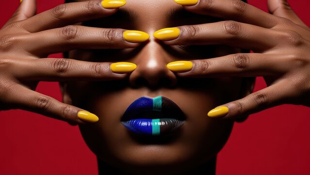 Woman Face Hands Yellow Nails Bold Lips Red Background