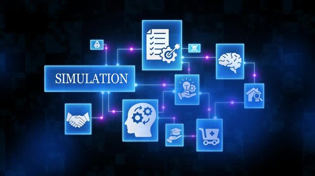 Simulation concept with and symbols on blue background business technology education