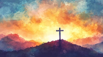 Fototapeta premium Spiritual sunrise behind a cross on a hill for Easter celebration background