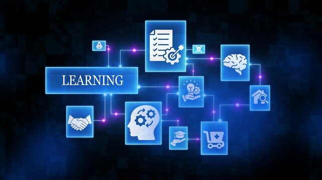 E-learning concept with representing online education, training, and skill development, including learning, brain, gears, checklist, and shopping cart, on a dark blue background with neon connections