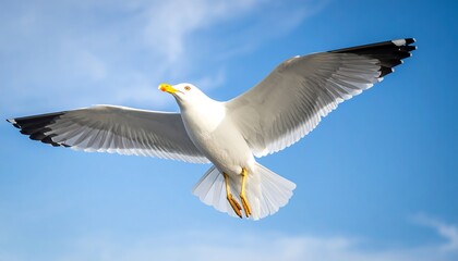 Fototapeta premium A white seagull in flight against a blue sky