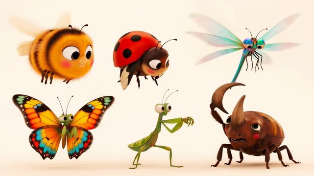 Cartoon insects animation collection playful bee ladybug butterfly dragonfly mantis beetle characters