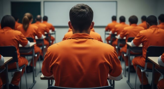 Prisoners in orange jumpsuits attend a class