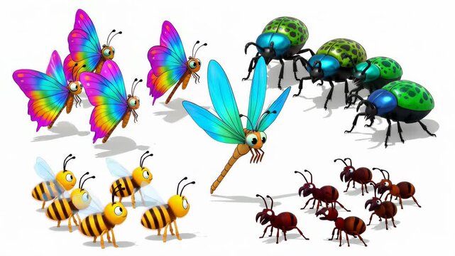 Cartoon insects with bright colors on white background animated bugs butterflies bees dragonflies ants ladybugs for animation and illustration