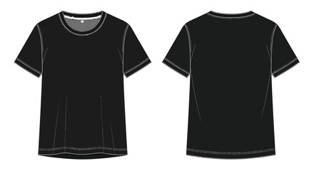Black t-shirt vector illustration displaying realistic front and back views for apparel design and fashion mockups.