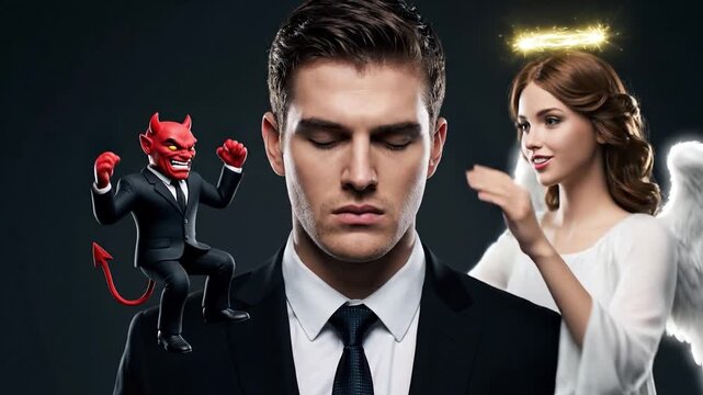 A man in a business suit with a conflicted expression, flanked by a devil and an angel, symbolizing the International Day of Conscience in a 4K video still with dramatic lighting.