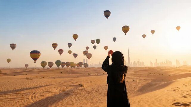 Back view of arab woman at traditional Abaya dress rises her hand on the sunrise and dubai city silhouette with hot air balloons on a background.