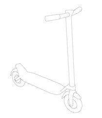A sleek black and white electric scooter contour sketch features two wheels, a curved handlebar, and a slightly raised seat.