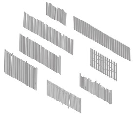 Modular wooden fence sections with overlapping planks in a line. The set of six displays varying grey tones from light to dark against a clean white background.