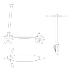 Modern electric scooter contour drawing in a black and white set. It features a sleek design, curved handlebar with textured grip, and large round wheels powered by an electric motor.