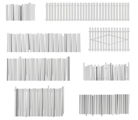 Modular wooden fence sections display various designs in a grid pattern. The planks range from light to dark tones with clear visible details against a white background.