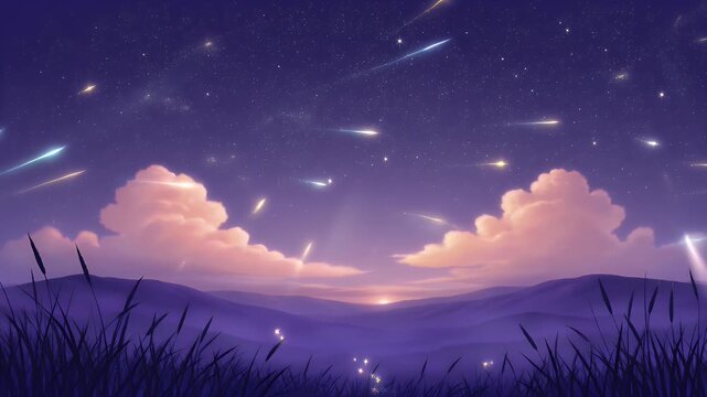 A serene landscape under a starry night sky with shooting stars and clouds