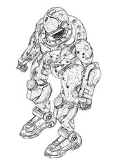 A sci-fi robot unit contour sketch. This printable coloring page features clean lines on a white background, perfect for fans and creative activities.