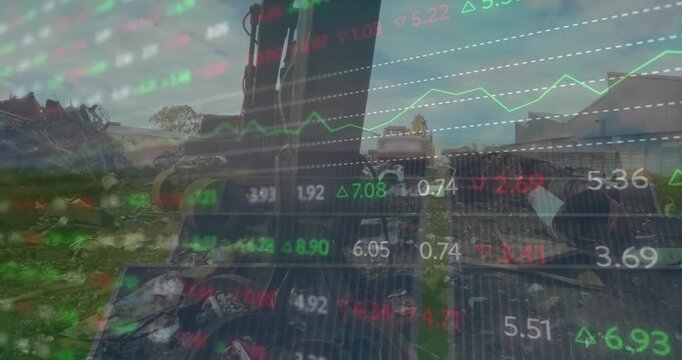 Animation of financial data processing and statistics over machinery in wasteland