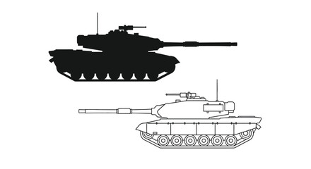 Black and white line drawing of a modern military tank from two perspectives © Rokiya Aktar