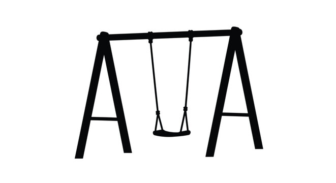 A simple black silhouette of a swing set against a white background