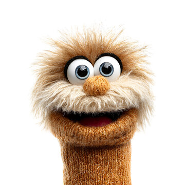 Cute brown muppet puppet character smiling happy isolated white background studio