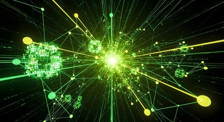 A vibrant digital explosion of interconnected nodes and glowing particles.