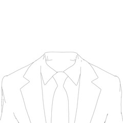 A classic blazer and tie contour drawing in black and white. The suit jacket features a lapel collar, two buttons, and flap pockets with a solid tie.