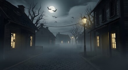 A mysterious and eerie street scene under a full moon with bats flying overhead