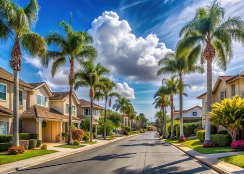 Residential street with palm trees and houses in Eastlake Chula Vista San Diego County