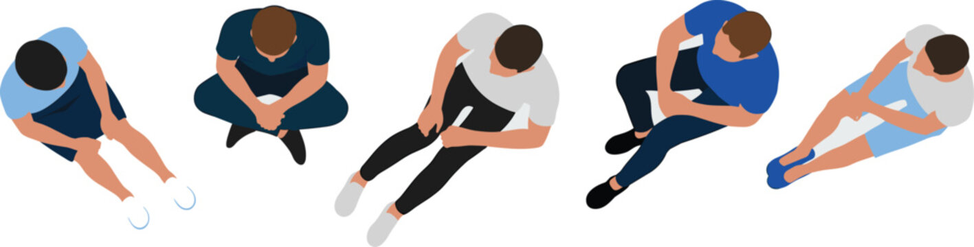 Collection of flat vector people icons in top view sitting poses for architectural site plans, interior floor layouts, and furniture cad drawings,