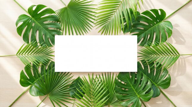 Tropical palm leaves with blank white rectangle for text