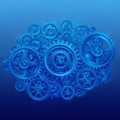 Intricate blue mechanical gears forming a complex and interconnected structure.