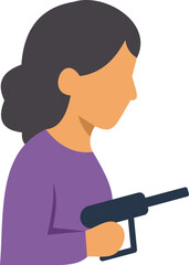 Obraz premium Flat vector illustration of a woman holding a submachine gun on white background