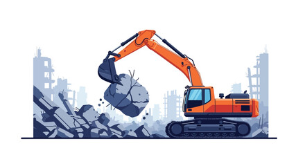 Orange excavator demolishes a building lifting large debris and rubble © Rokiya Aktar