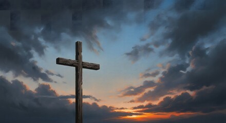 A wooden cross stands tall against a dramatic sky filled with birds and clouds
