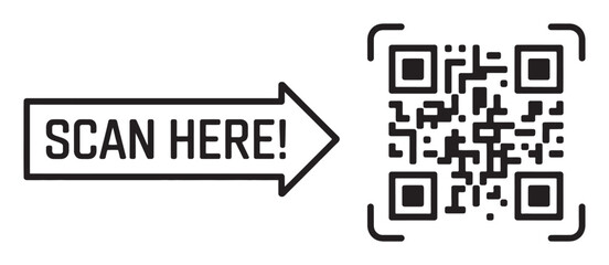 Obraz premium Scan here template, scannable QR code, quick response barcode, smartphone-compatible, vector digital label with product info