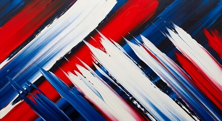 Vibrant abstract painting with bold strokes of red, white, and blue