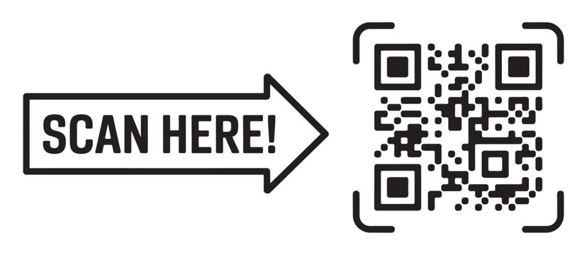 Scan here template, QR code vector, quick response barcode, smartphone readable, product information label, digital illustration