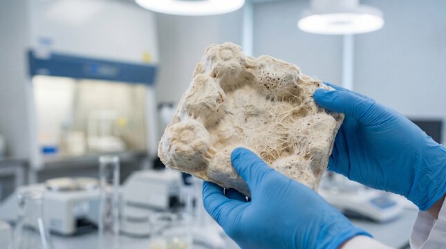 Close-up of gloved hands holding beige porous rock or stone in laboratory