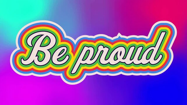Animation of rainbow be proud text over neon pattern background
