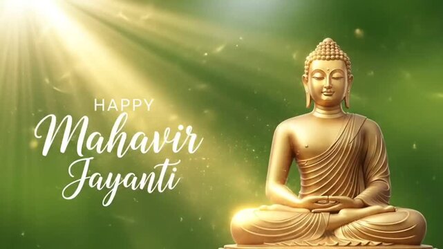 A serene statue of buddha sitting in meditation on a lotus flower, bathed in warm golden sunlight with bokeh effects, celebrating mahavir jayanti
