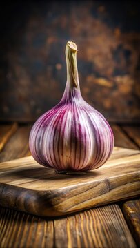 A single garlic bulb with a striking purple stripe resting on a rustic wooden cutting board