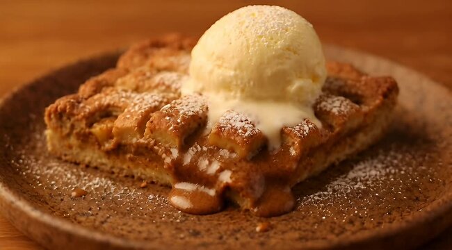 Delectable apple pie slice topped with vanilla ice cream and powdered sugar
