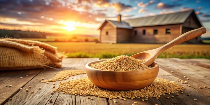 A wooden ladle scooping Adlay grains from a bowl