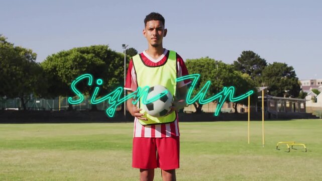 Holding soccer ball on field, child with 'Sign Up' animation in school