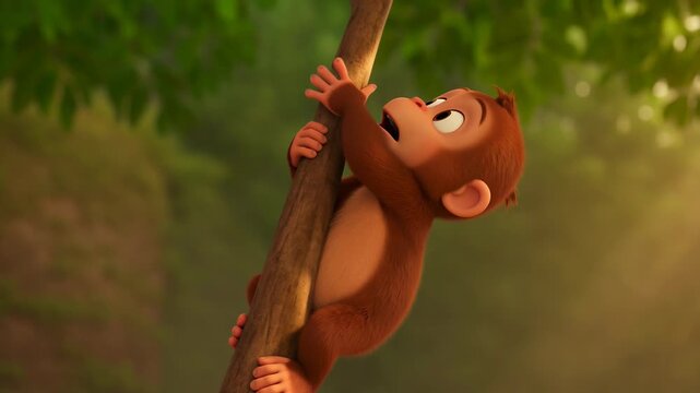Cartoon monkey climbs tree in jungle animation loop animated character render 3d model for kids and educational content
