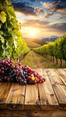 Naklejka premium Rustic wooden table with a vineyard landscape background and bunches of grapes displayed on it