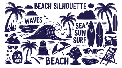 Obraz premium A collection of beach-themed icons and words in a navy blue silhouette style