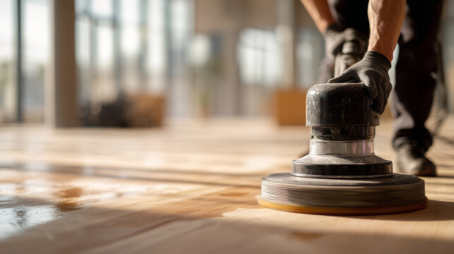 Worker using a specialized floor sanding machine, polishing and restoring a wooden floor surface, ensuring a smooth finish for renovation and refurbishment projects