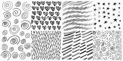 Black and white doodle patterns spirals hearts lines stars and floral shapes © MituRani