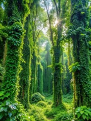 Obraz premium Dense foliage and vibrant greenery surrounded by tall trees and climbing vines