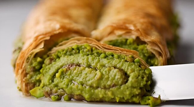 Close up of a delicious pistachio roll baklava pastry dessert treat