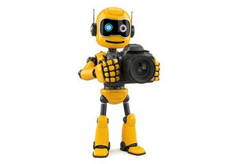 Fototapeta premium A cheerful yellow robot holding a camera and smiling