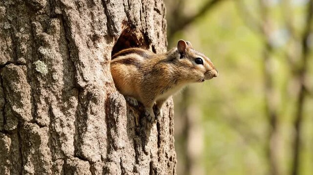 Adorable chipmunk peeking out of a hole in a tree trunk in a sunlit forest during springtime with blurred green foliage in the background.